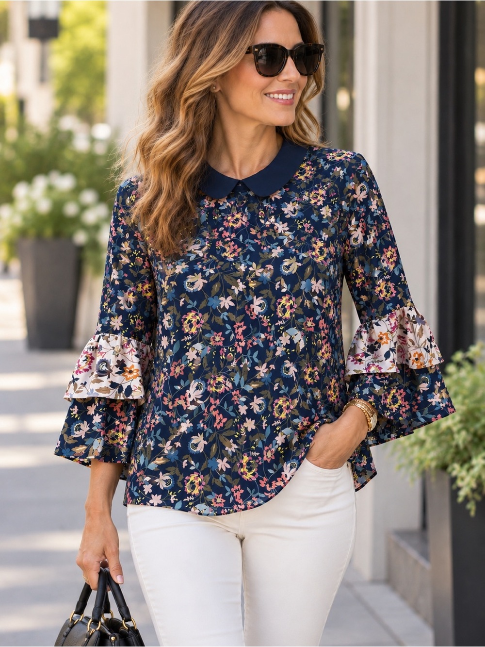 CeCe Navy Floral Peter Collar Ruffled Sleeve Blouse